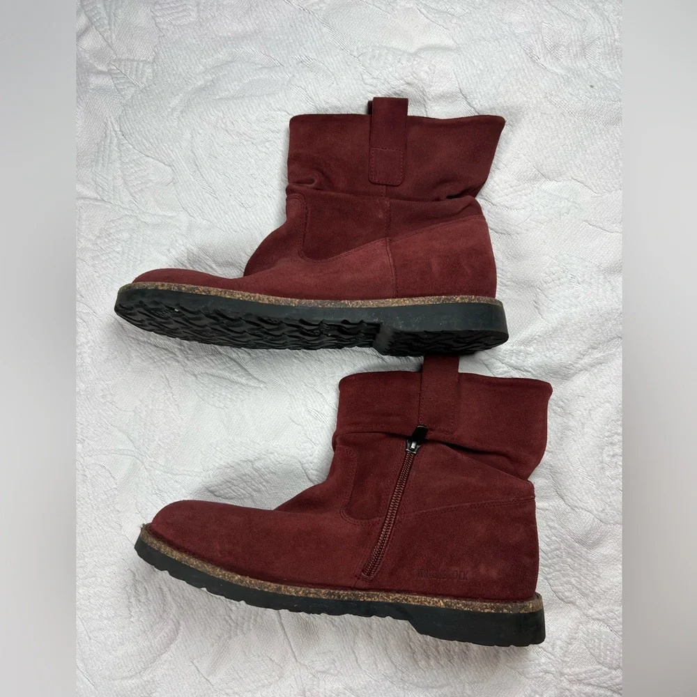 Birkenstock Luton Port Wine Suede Ankle Boots Burgundy Red Side Zip